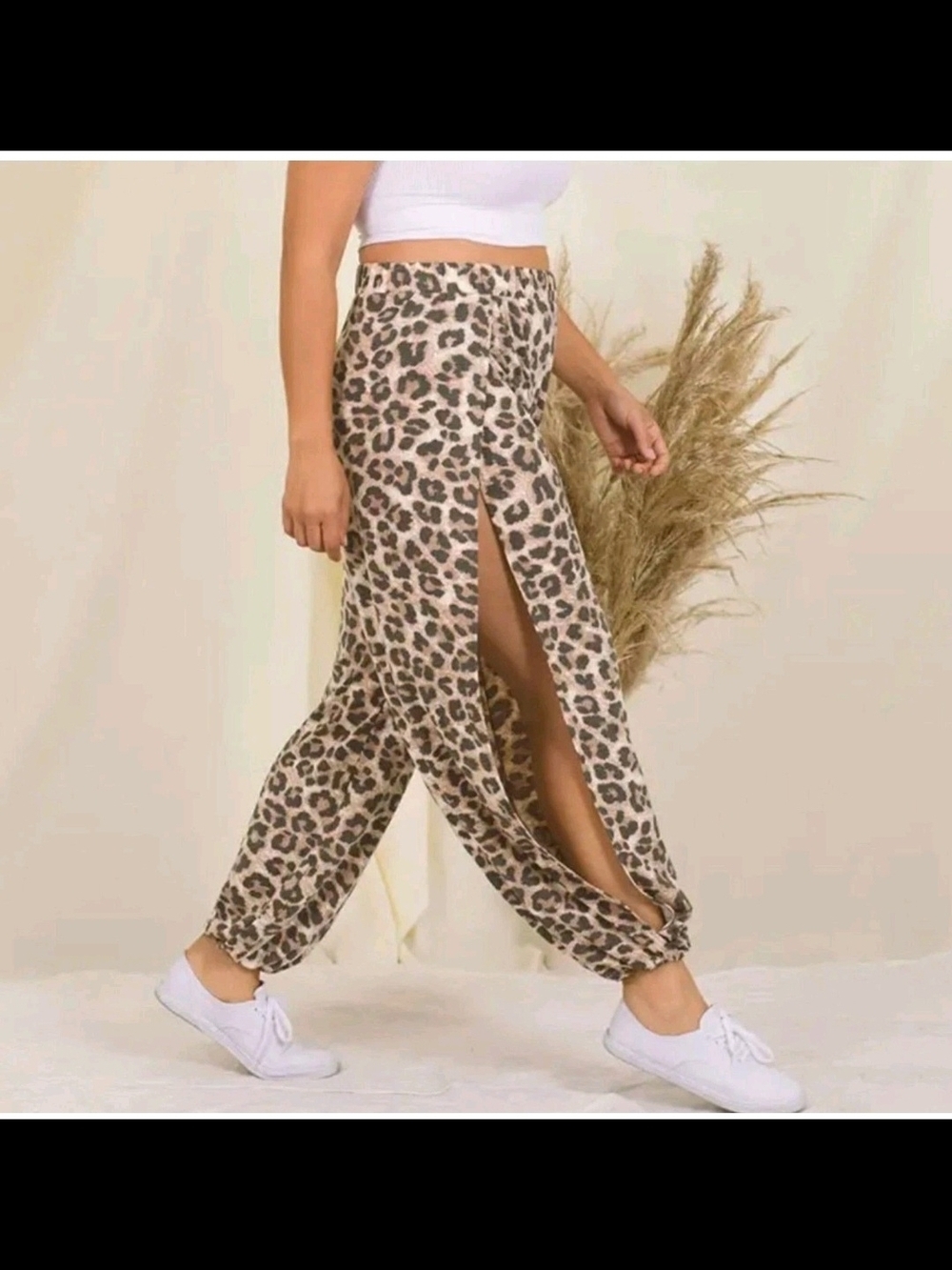 Zenana Outfitters Leopard Print Wide-Leg Side Slit Harem Joggers - 2X - Picture 10 of 10